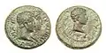 Pièce de monnaie représentant Rhémétalcès&nbsp;Ier et son épouse Pythodoris, et l'empereur Auguste sur l'autre face.