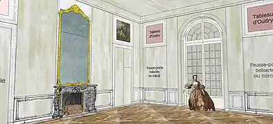 Schéma restituant le volume et la glace au-dessus de la cheminée de la salle à manger au temps de Mme de Pompadour.