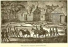 Le départ en captivité d'une partie de la population sous la surveillance d'Amérindiens tel qu'il a pu être vécu.(Gravure anglo-américaine, non datée)