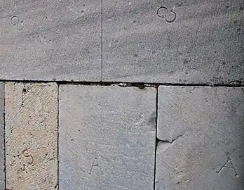 Deux marques de tâcherons sur les pierres de la chapelle Saint-Julien.