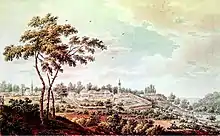 gravure en couleurs montrant un arbre au premier plan et un village au loin.