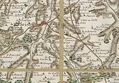 Extrait d'une carte ancienne en couleurs.