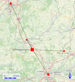 Vue d'une carte matérialisant les distances à vol d'oiseau entre plusieurs villes.