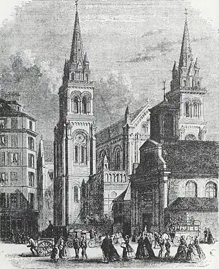 L'ancienne église Saint Ambroise devant la nouvelle en 1868