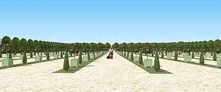 Vue restituée d'une allée du parterre de l'Orangerie de Saint-Mandé, en face d'une baie, 1661.