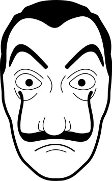 Dessin d'un masque représentant un visage blanc avec de grandes moustaches noires remontant jusqu'aux yeux.