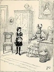 Sara face à Miss Minchin. Illustration de Reginald Bathurst Birch pour le roman-feuilleton publié chez C. Scribner's sons, New York, 1888.