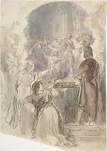 Dessin rehaussé de quelques couleurs à l'aquarelle. Deux femmes effrayées voient des personnages s'agiter dans un grand miroir. Le docteur est jambes nues, drapé dans une toge, près d'un autel sur lequel repose un crâne.
