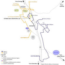 Schéma en couleurs de lignes de bus à Rumilly.