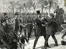 Cohen-Blind commet un attentat contre Bismarck, on le voit tirer sur le chancelier qui est coiffé d'un chapeau, les deux hommes se regardent dans les yeux