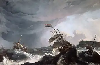 Ludolf Bakhuizen, Navires de guerre dans une tempête (1695), Rijksmuseum Amsterdam. Navires de guerre néerlandais en difficulté au large de Gibraltar, un incident réel de 1690.