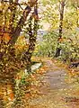 Peinture d'un sentier bordé d'un ruisseau entre des arbres aux couleurs d'automne