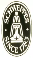 Logos de Schweppes (ancien et actuel) représentant la fontaine mise en place lors de l'exposition universelle de 1851 (à gauche, dessin de la véritable fontaine de 8 mètres).