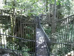 La passerelle dominant le puits d'entrée du scialet de Malaterre.