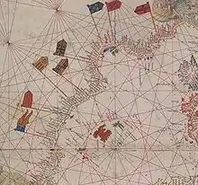 Drapeau catalan dans un portulan du XVe&nbsp;siècle.