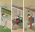 Katsukawa Shunshō (1726-1793), de gauche à droite : Sei Shōnagon (hiver), Murasaki Shikibu (automne) et Ono Komachi (printemps).