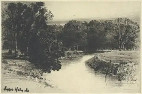 Francis Seymour Haden, Un soleil couchant en Irlande, eau-forte et pointe sèche, 138&nbsp;×&nbsp;215&nbsp;mm, 1863. Acquis en 1963.