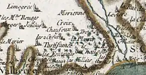 Le site de La Plaine, commune de Fondettes (ici en haut, à droite de l'ancienne commune de Vallières, sur un extrait provenant de la carte de Cassini, document réalisé dans la seconde moitié du XVIIIe&nbsp;siècle par César-François Cassini (1714-1784)