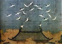 Un toit du palais Kaifeng survolé par des grues, peinture de l'Empereur Song Huizong (1100-1126).