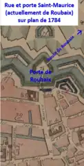 Sortie de Lille vers Roubaix sur plan de 1784. La rue du Vieux-Faubourg débouche rue Saint-Hubert face au rempart.