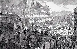 Vue du soulèvement depuis un toit parisien. Des centaines de personnes s'agitent sur la place de l'hôtel de ville : la plupart fuient, certains tirent au fusil et d'autres sont au sol. On tire aussi depuis l'ensemble des maisons entourant la place. Depuis l'hôtel, toutes les fenêtres sont occupées par des soldats faisant feu.