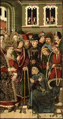 Confession du juif Judas par Miguel Ximenez&nbsp;(es), tableau composé peu d'années avant l'expulsion des Juifs d'Espagne : Sainte Hélène interrogeant Judas ben Simeon, Blesa, 1483-1487