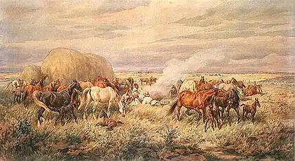 Peinture représentant des chevaux et du bétail dans les steppes, à proximité d'un feu de camp auprès duquel se trouvent deux hommes