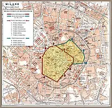 Carte des enceintes romaines (rouge : époque républicaine ; bleu : époque impériale