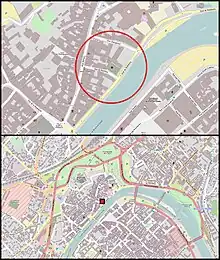 Plan de localisation de la synagogue et de ses environs, au sein de la ville de Besançon.