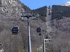 Photographie du tracé forestier de la télécabine, dans la forêt de feuillus sans feuille, avec les cabines qui se succèdent.