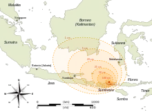 Carte de l'Indonésie montrant des cercles concentriques pour les différentes épaisseurs, de 1 cm à 1m.