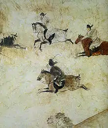 Une partie de polo. Peinture murale tombe de Zhang Huai, 705, encre et couleurs sur enduit. Qianling, Qian, Shaanxi, China, 85&nbsp;km nord-ouest de Xi'an.