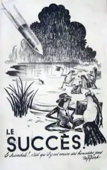 Dessin au trait de différents personnages représentés en grenouilles. L'une au premier plan, porte chapeau, veston et moustaches
