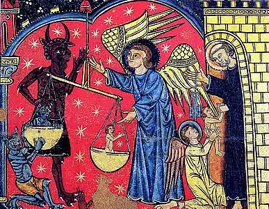 Psychostasie, début XIIIe&nbsp;siècle : saint Michel pesant les âmes. Détail de l'autel de l'église Saint Michel de Soriguerola (œuvre du maître de Soriguerola), actuellement au Musée national d'art de Catalogne (MNAC).