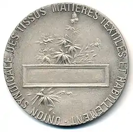 Union Syndicale des Tissus, Matières Textiles et Habillement, médaille en argent, 36&nbsp;mm, revers.