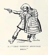 Gravure. Un homme en costume du XVIIIe&nbsp;siècle, un pistolet à la main, enlevant une femme