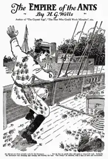 dessin en noir et blanc représentant un homme attaqué par une multitude de fourmis.