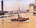 Peinture montrant au fond des immeubles et clochers sur un ciel voilé, avec à gauche une grosse cheminée d'usine, et devant un remorqueur rouge et noir sur une eau orangée