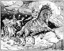 Dessin au trait représentant un très grand cheval sauvant son cavalier d'un monstre.