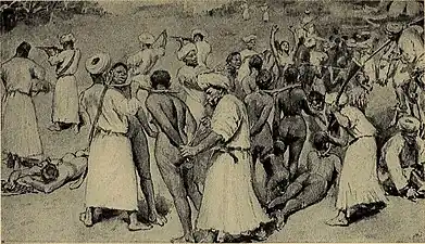 La Douleur et l'espoir du Soudan égyptien, 1913 ; illustration d'un raid d'esclave au Sud-Soudan au XIXe&nbsp;siècle.