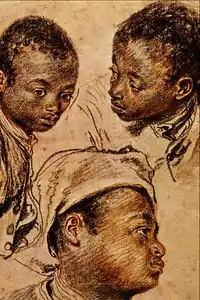 Jean-Antoine Watteau,Trois études de jeune Noir, pierre noire, sanguine, estompe et lavis gris, avant 1727.