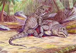 Restitution par D. Bogdanov d'un Titanophoneus dévorant un Ulemosaurus.