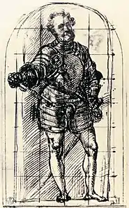 Étude pour le portrait du duc d'Urbino. vers 1536. Plume et encre noire / papier blanc coloré en jaune. 23&nbsp;×&nbsp;14&nbsp;cm. Galerie des Offices.