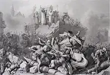 Gravure en noir et blanc représentant une armée fuyant au pied d'un muraille au sommet de laquelle des hommes portent un reliquaire sur leurs épaules.