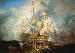 « The Battle of Trafalgar, 21 October 1805 » par Joseph Mallord William Turner : le HMS&nbsp;Victory, navire amiral de Horatio Nelson. Le Union Flag tombé au premier plan fait allusion à la mort de Nelson.