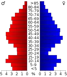 Schéma représentant la population du comté, par tranche d'âge. En rouge, à gauche, les femmes, en bleu à droite, les hommes.