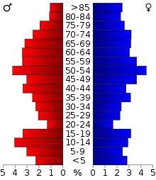 Schéma représentant la population du comté, par tranche d'âge. En rouge, à gauche, les femmes, en bleu à droite, les hommes.