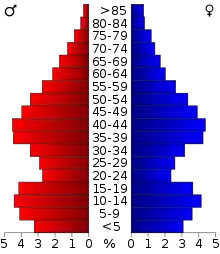 Schéma représentant la population du comté, par tranche d'âge. En rouge, à gauche, les femmes, en bleu à droite, les hommes.