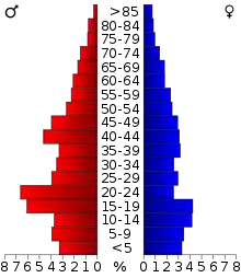 Schéma représentant la population du comté, par tranche d'âge. En rouge, à gauche, les femmes, en bleu à droite, les hommes.