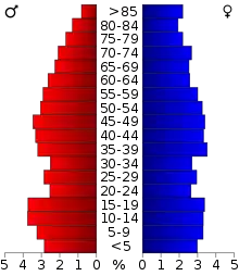 Schéma représentant la population du comté, par tranche d'âge. En rouge, à gauche, les femmes, en bleu à droite, les hommes.